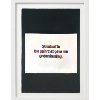 Stephanie Hirsch, Shoutout to the pain, 2020, Swarovski crystals on fabric, 20 x 14 inches (framed)