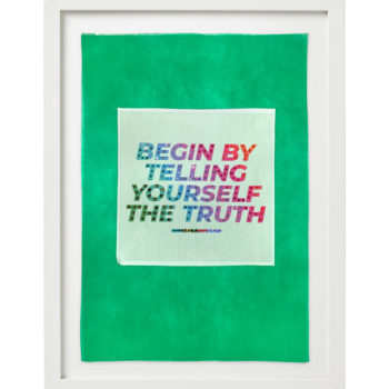 Stephanie Hirsch, Begin By Telling YourSelf the Truth, 2020, Swarovski crystals on fabric, 20 x 14 inches (framed)