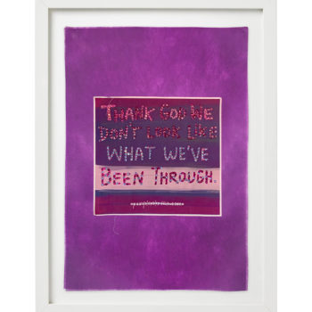 Stephanie Hirsch, Thank God We Don't Look Like What We've Been Through, 2020, Swarovski crystals on fabric, 20 x 14 inches (framed)