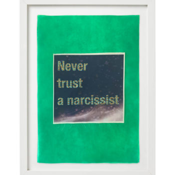 Stephanie Hirsch, Never trust a narcissist, 2020, Swarovski crystals on fabric, 20 x 14 inches (framed)
