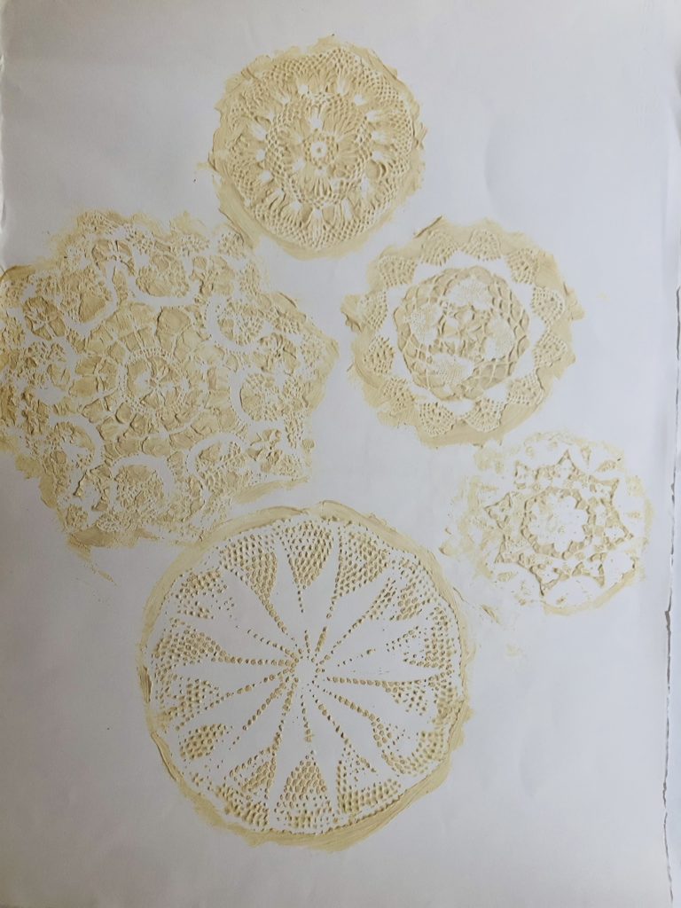 Jil Weinstock, Doily(ies), #1, 2020, White rubber on paper, 30 x 22 1/2 inches