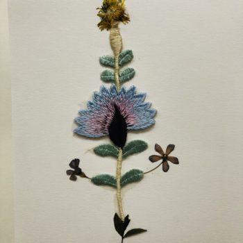 Jil Weinstock, Unwanted Collaborator #5, 2020, Thread, plant life, watercolor paper, 11 3/4 x 8 3/8 inches