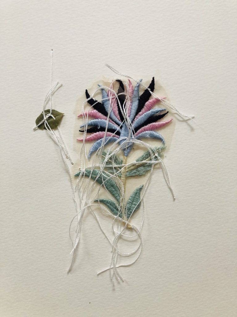 Jil Weinstock, Unwanted Collaborator #7, 2020, Thread, plant life, watercolor paper, 12 x 9 inches