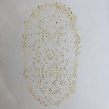 Jil Weinstock, Doily(ies), #3, 2020, White rubber on paper, 30 x 22 1/2 inches