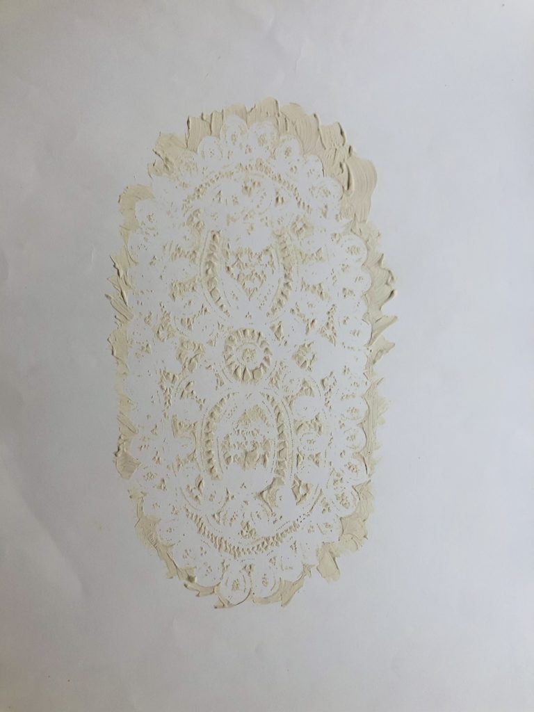 Jil Weinstock, Doily(ies), #3, 2020, White rubber on paper, 30 x 22 1/2 inches