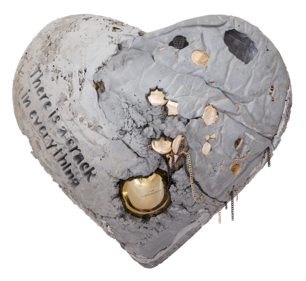 Jessica Lichtenstein, There is a crack in everything, 2020, Concrete and plaster heart with engraved lockets and watches, 24 x 21 x 9 inches