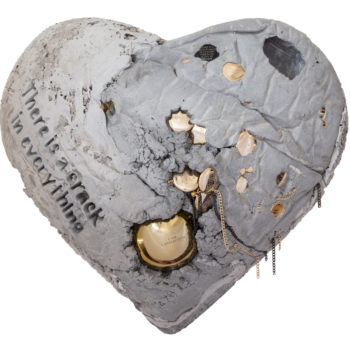 Jessica Lichtenstein, There is a crack in everything, 2020, Concrete and plaster heart with engraved lockets and watches, 24 x 21 x 9 inches