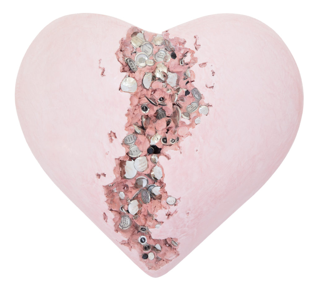 Jessica Lichtenstein, We fall in love, over and over again, 2020, Concrete and plaster heart with engraved lockets and watches, 24 x 21 x 9 inches