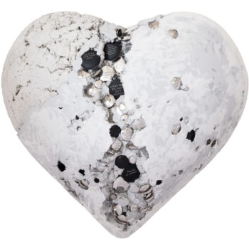 Jessica Lichtenstein, Weight of the World is Love, 2020, Concrete and plaster heart with engraved lockets and watches, 24 x 21 x 9 inches