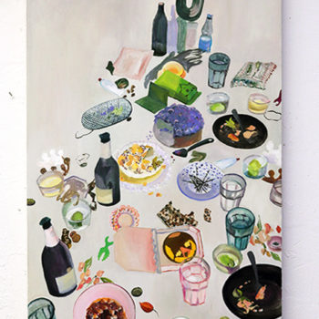 Lizzie Zelter, Unhinged Virtual Buffet, 2021, Oil on canvas, 56 x 20 inches