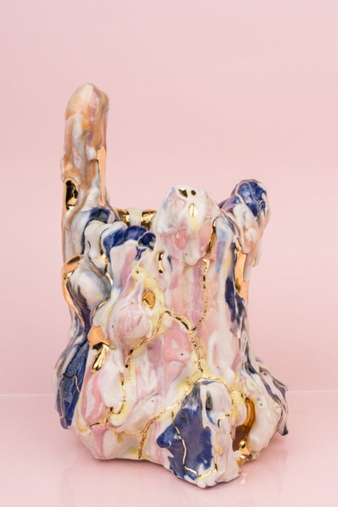 Andrew Casto, Accumulation Vessel 56, 2019, Porcelain and 18k Gold Luster, 6 x 6 x 8½ inches