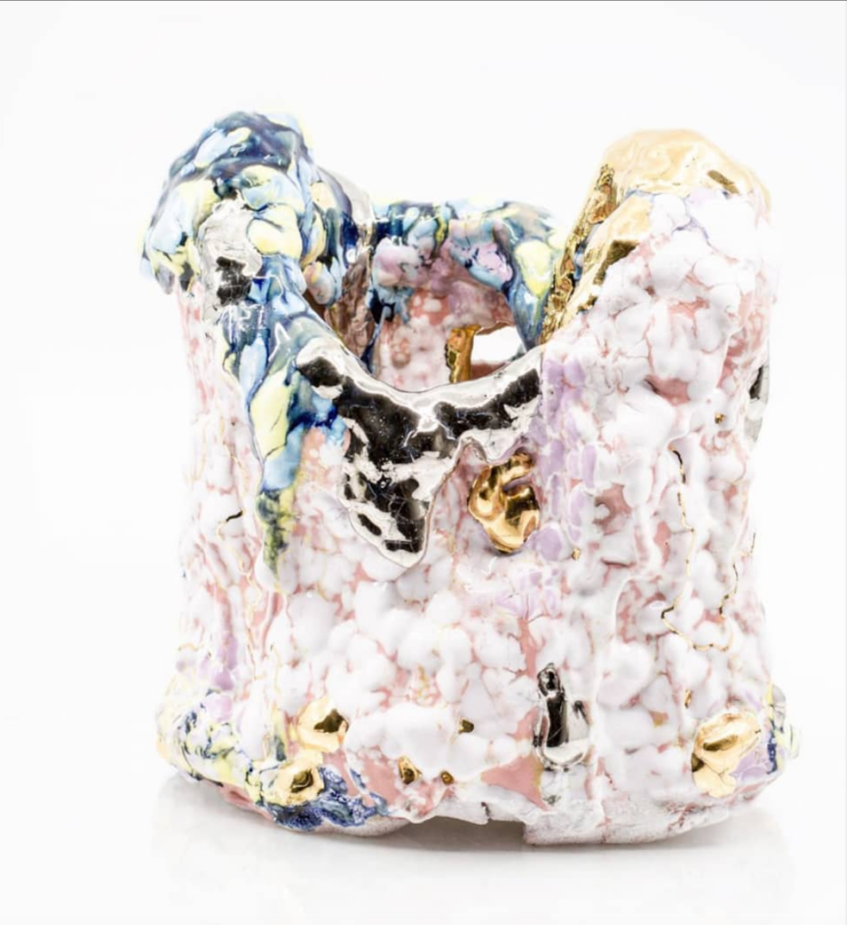 Andrew Casto, Accumulation Vessel 61, 2020, Porcelain and 18k Gold and White Gold Lusters, 8 x 6½ x 7½ inches