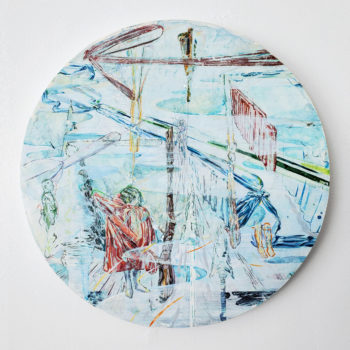 María Dusamp, palitos, dardos y llagas (sticks, darts and sores), 2021, Acrylic on canvas and wood panel 12 x 12 x 1 inches