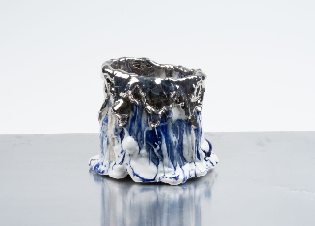 Andrew Casto, Accumulation Vessel 83, 2021, Porcelain and White Gold Luster, 6 x 5½ x 5½ inches
