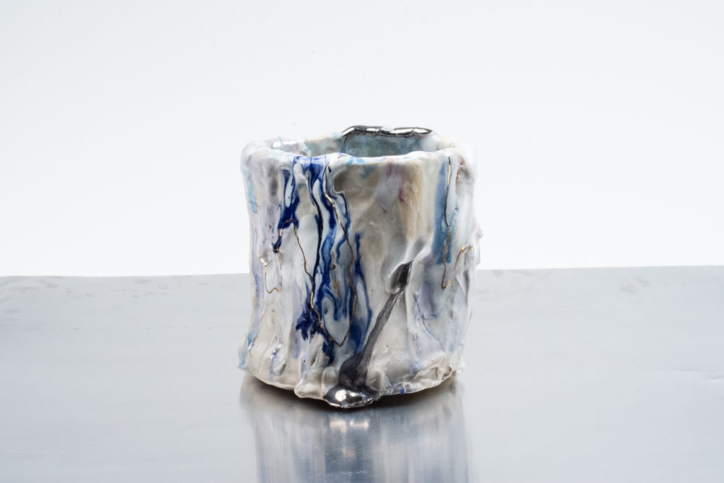 Andrew Casto, Accumulation Vessel 88, 2021, Porcelain and gold lusters, 5 1/2 x 6 x 6 inches