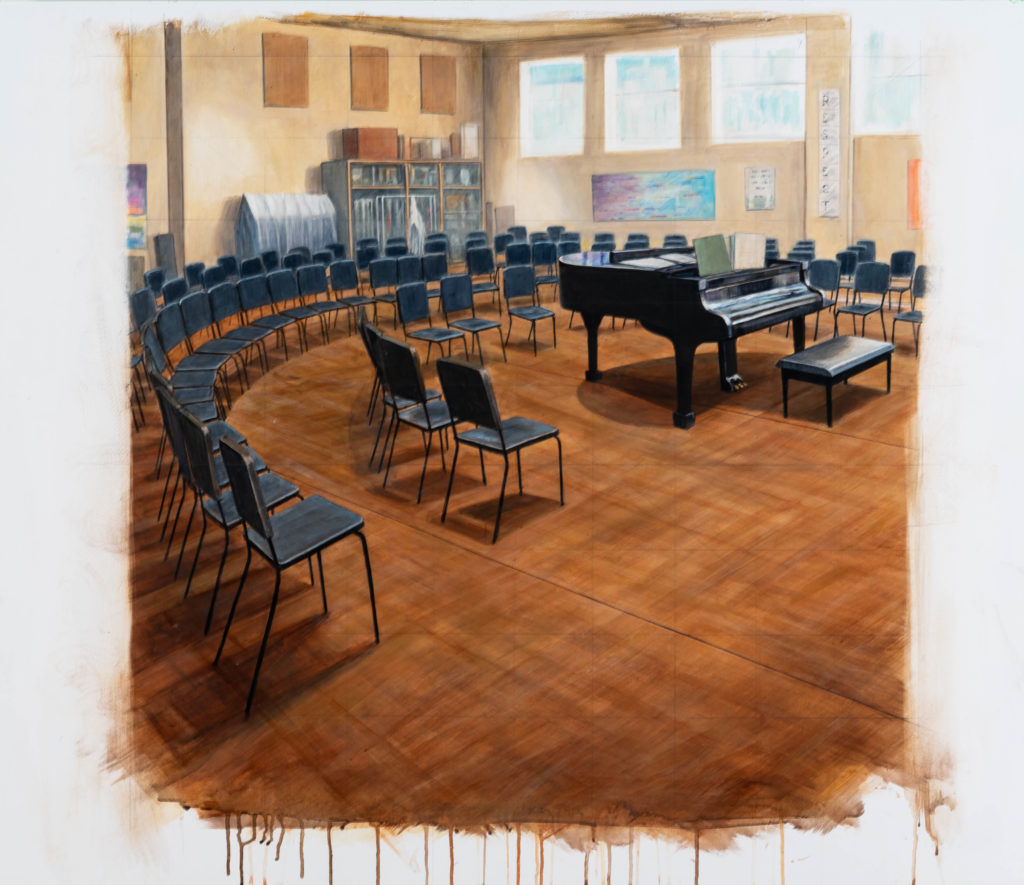 Peter Waite, Music Room / Middle School, 2020, Acrylic on Panel, 43½ x 37½ inches
