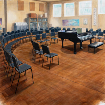 Peter Waite, Music Room / Middle School, 2020, Acrylic on Panel, 43½ x 37½ inches