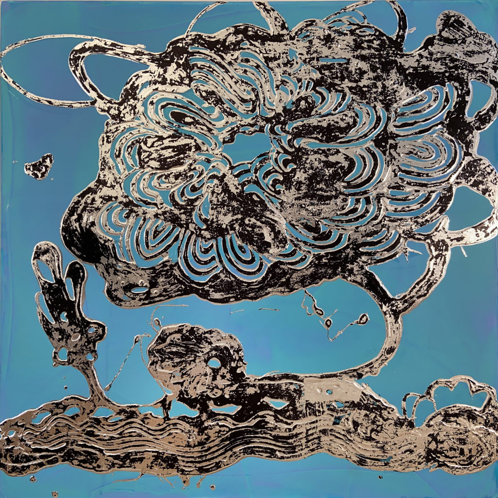 Catherine Howe, Luminous Painting (Turquoise/Black/Silver No. 2), 2021, Pigments, acrylic mediums, black mirror and aluminum leafs on canvas, 40 x 40 inches