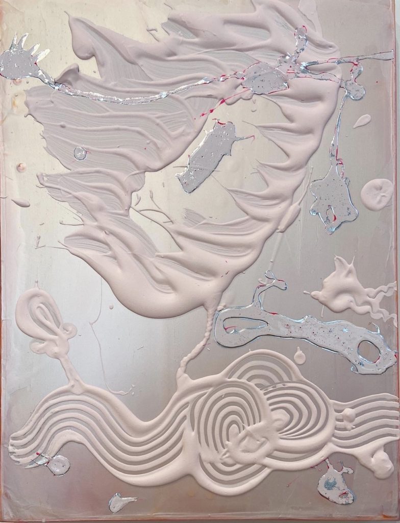 Catherine Howe, Opal Painting (Pink/White/Silver), 2021, Pigments, acrylic mediums, gloss white and metal leaf on canvas, 24 x 18 inches