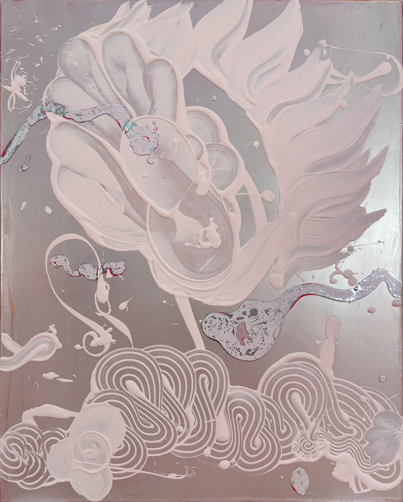 Catherine Howe, Opal Painting (Pink/White/Silver), 2021, Pigments, acrylic mediums, gloss white and aluminum leaf on canvas, 60 x 48 inches