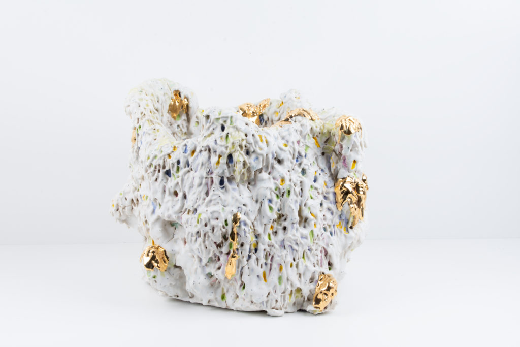 Andrew Casto, Triumph, 2021, Porcelain and gold luster, 11 x 13 x 13 inches