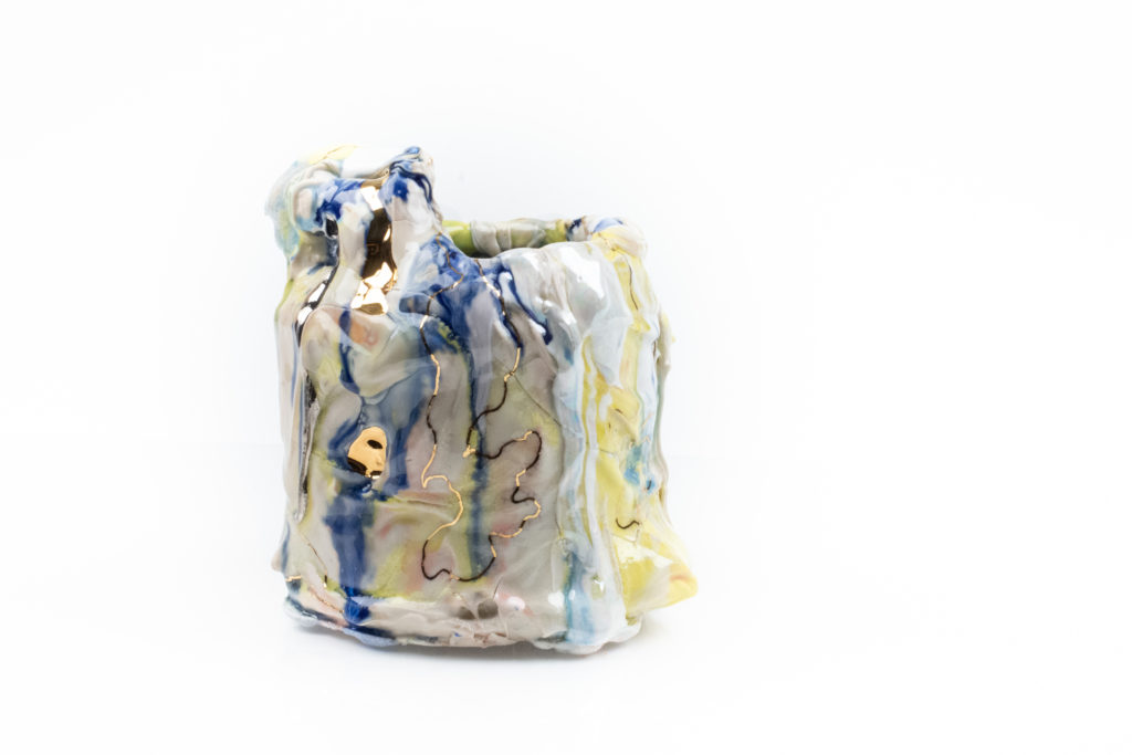 Andrew Casto, Accumulation Vessel 78, 2021 Porcelain and gold lusters, 6 x 6 x 7 inches