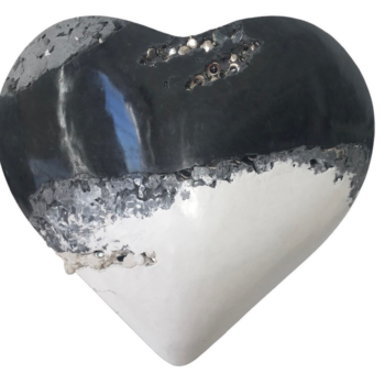 Jessica Lichtenstein, We Stop Ourselves, 2021, concrete and plaster heart with engraved lockets, 24 x 21 x 9 inches