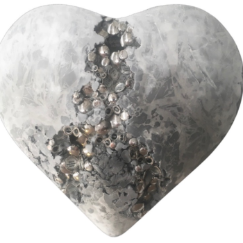 Jessica Lichtenstein, ... With No Before or After, 2021, concrete and plaster heart with engraved lockets and watches, 24 x 21 x 9 inches