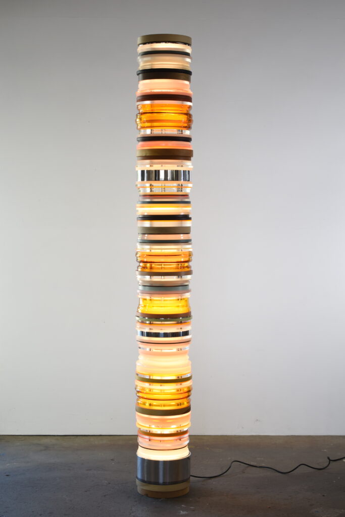 Matt Gagnon, Untitled (Honey), 2024, Maple wood, ash wood, poplar wood, glass, acrylic, polished aluminum, painted MDF, steel, LED, 82 1/2 x 10 1/2 inches