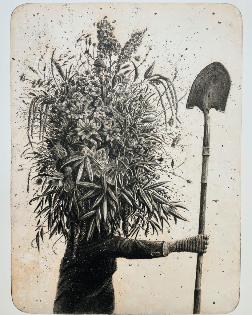 Ethan Murrow, Planting Time, 2021, 3 color lithograph from stone, Edition of 50, 42¼ x 30 inches (framed), $1,100