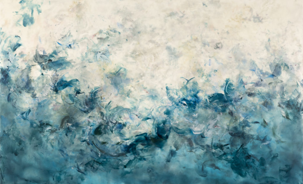 Betsy Eby, When the Wind Swept the Turgid Eddy, 2022, Oil, hot wax and cold wax on panel, 40 x 65 inches