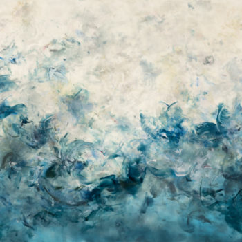 Betsy Eby, When the Wind Swept the Turgid Eddy, 2022, Oil, hot wax and cold wax on panel, 40 x 65 inches