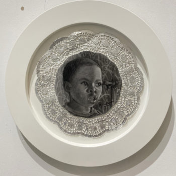 Alicia Brown, Specimen from Paradise #1, 2018, Charcoal on Strathmore paper mounted on silver paper doily, 12 x 12 inches
