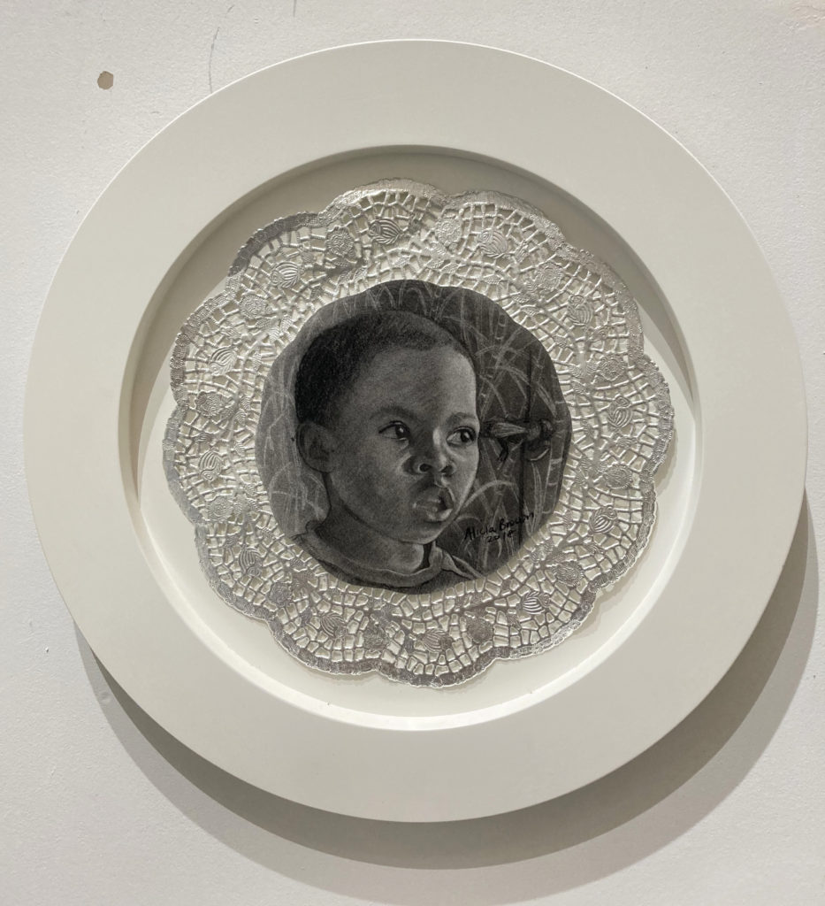 Alicia Brown, Specimen from Paradise #1, 2018, Charcoal on Strathmore paper mounted on silver paper doily, 15.5 inch diameter