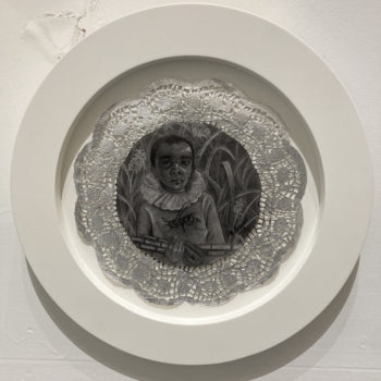 Alicia Brown, Specimen from Paradise #4, 2018, Charcoal on Strathmore paper mounted on silver paper doily, 12 x 12 inches