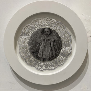 Alicia Brown, Specimen from Paradise #5, 2018, Charcoal on Strathmore paper mounted on silver paper doily, 12 x 12 inches