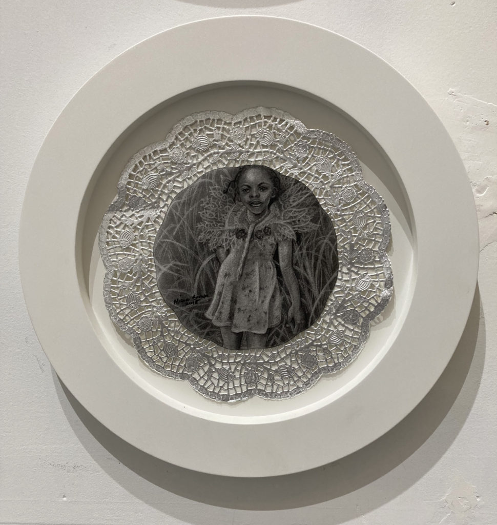 Alicia Brown, Specimen from Paradise #5, 2018, Charcoal on Strathmore paper mounted on silver paper doily, 15.5 inch diameter