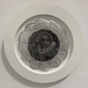 Alicia Brown, Specimen from Paradise #7, 2018, Charcoal on Strathmore paper mounted on silver paper doily, 12 x 12 inches