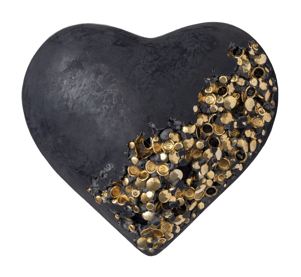 Jessica Lichtenstein, Take Your Time Here, 2022, Concrete and plaster heart with engraved lockets and watches, 21 x 24 x 9 inches