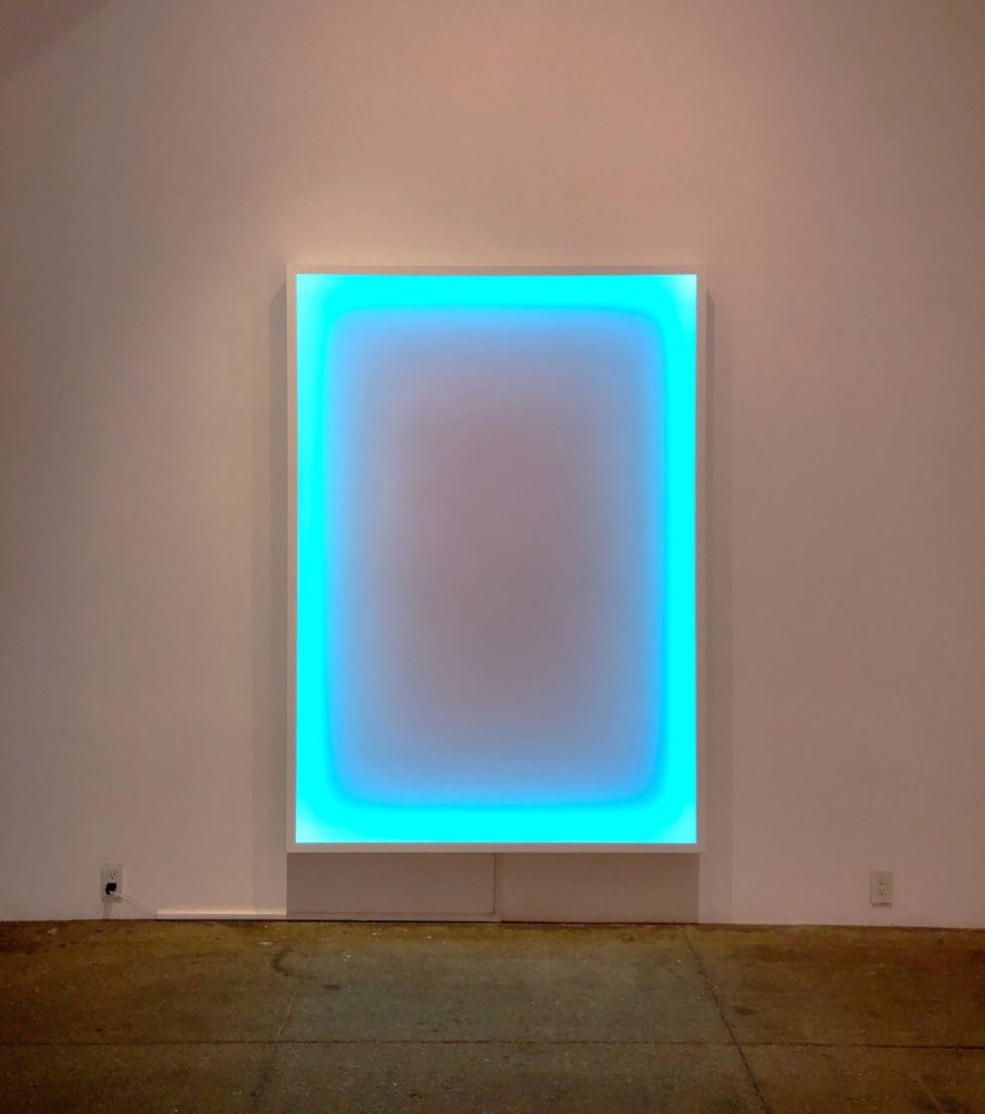 Peter Gronquist, between, 2020, Acrylic, enamel and LED on wood and plexiglass, 84 x 60 inches