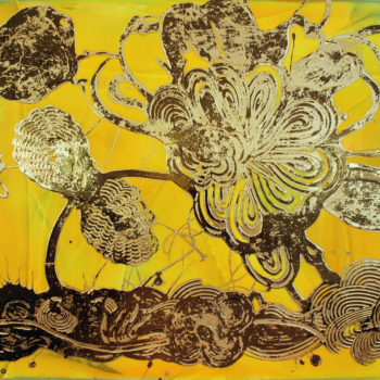 Catherine Howe, Luminous Garden (Amber and Gold Bronze), 2022, Acrylic, pigments and metal leaf on canvas, 40 x 48 x 2½ inches