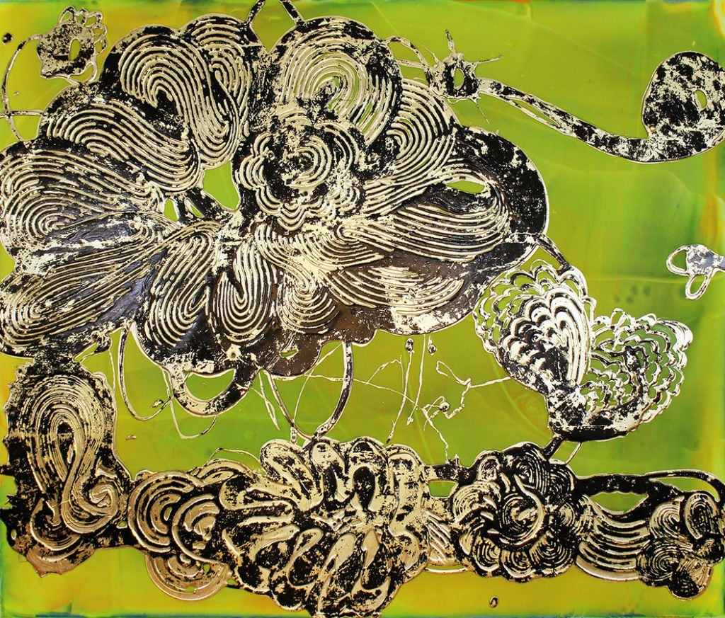 Catherine Howe, Luminous Garden (Citron and Gold Black), 2022, Acrylic, pigments and metal leaf on canvas, 40 x 48 x 2½ inches