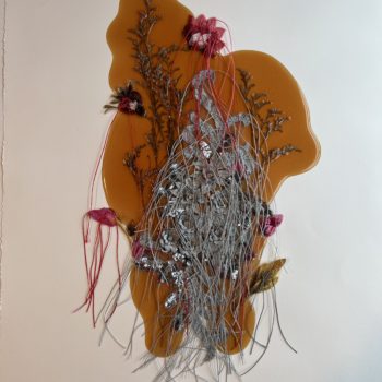 Jil Weinstock, Unwanted Collaborator #12, 2022, Thread, plant life, rubber, watercolor paper, 22 x 30 inches