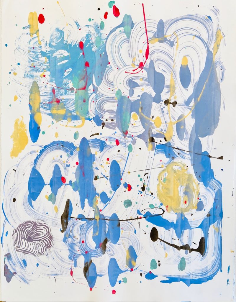 Catherine Howe, Monotype (pale yellow/ultra blue), 2021, Acrylic on full sheet Stonehenge with deckled edges, 50 x 38 inches