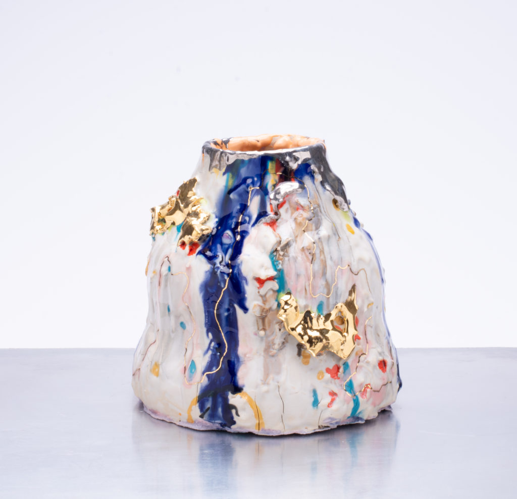 Andrew Casto, Sanguinaj, 2022, Porcelain, gold and white gold lusters, 8 x 8 x 8 inches