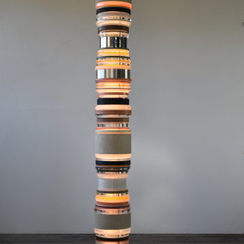 Matt Gagnon, Pink and Green, 2022, Concrete, acrylic, aluminum, steel, MDF, various hardwoods (Maple, Oak, Walnut and Ash), LED and lacquer, 85 x 10½ x 10½ inches, Sold