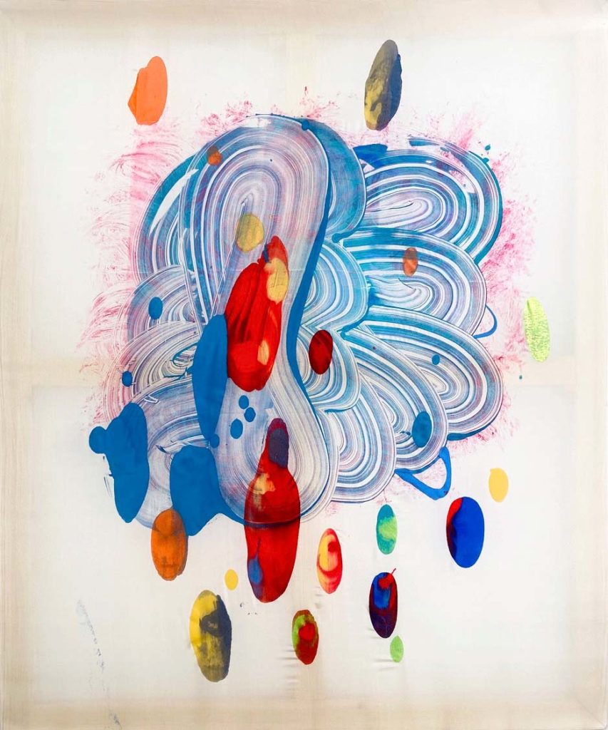 Catherine Howe, Silk Monotype (Tantric Flower no. 8), 2020, Acrylic on Habotai silk with wooden stretcher, 36 x 30 inches