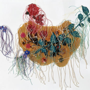 Jil Weinstock, Unwanted Collaborator #17, 2022, Thread, plant life, rubber, watercolor paper, 19½ x 26 inches, 25 x 31 x 1¾ inches (framed)