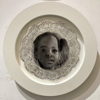 Alicia Brown, Specimen from Paradise #7, 2018, Charcoal on Strathmore paper mounted on silver paper doily, 15.5 inch diameter