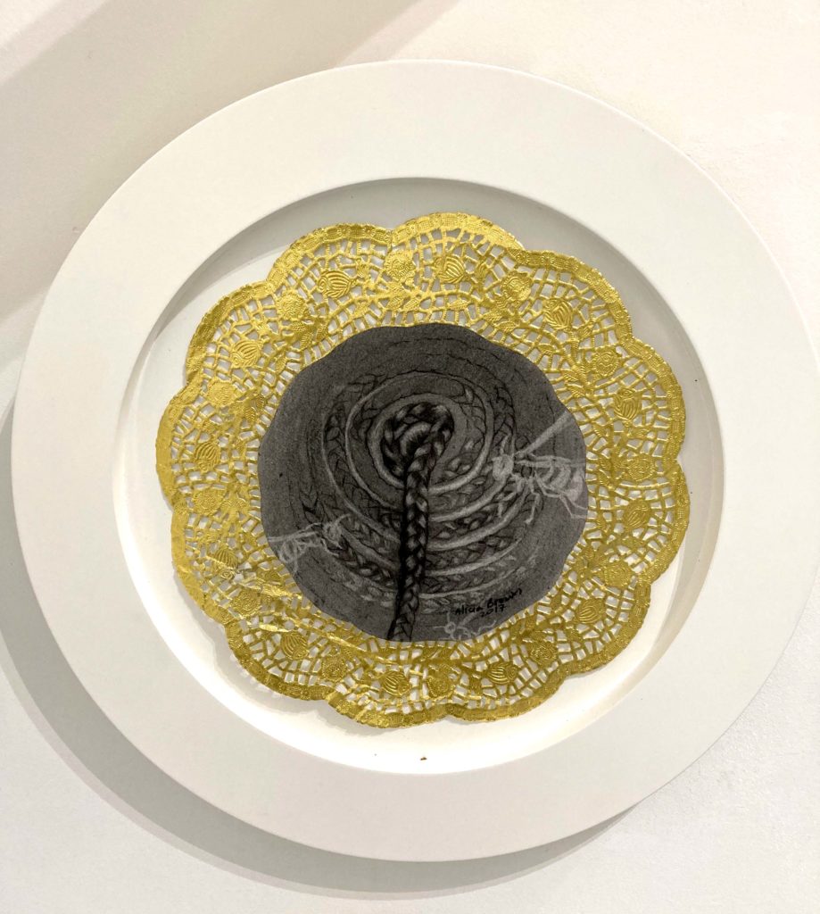 Alicia Brown, Specimen from Paradise #6, 2018, Charcoal on Strathmore paper mounted on gold paper doily, 15.5 inch diameter, $ 1,500